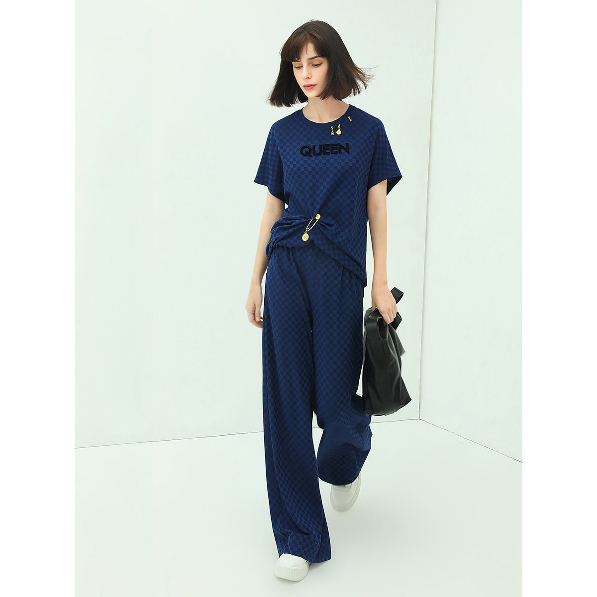 Wide Leg Checked Blue Knitted Pants-1