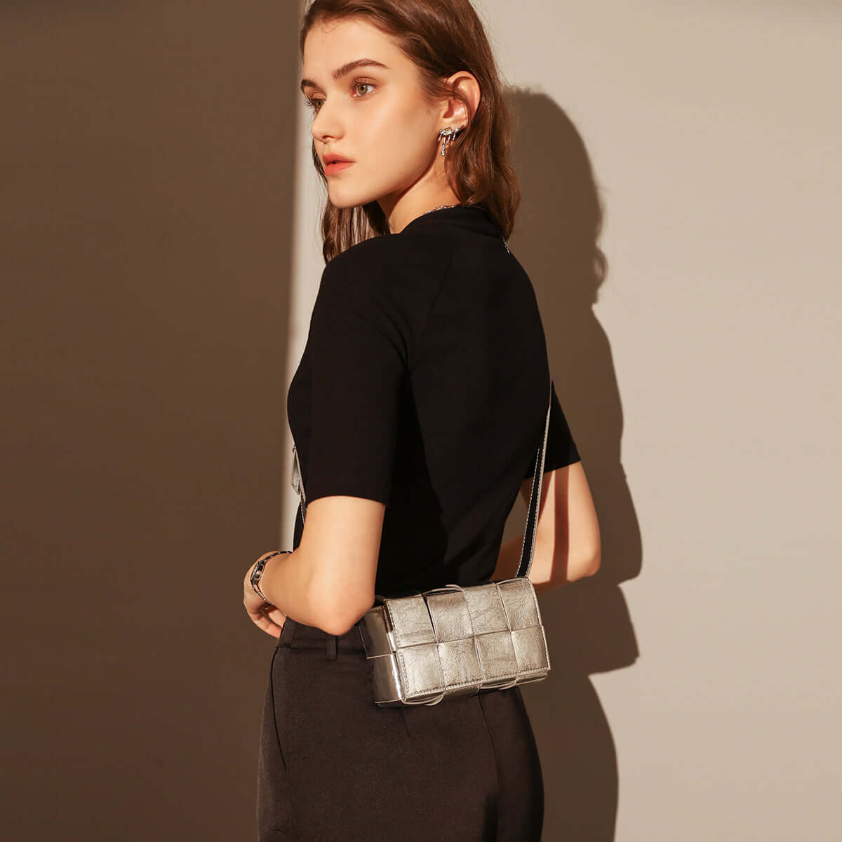 Woven Metallic Silver Woven Cassette Shoulder Bag-4